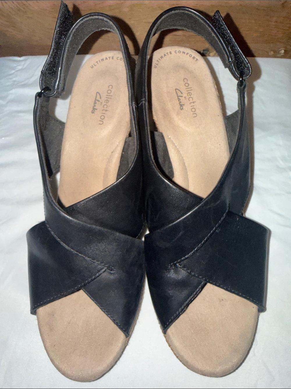 CLARK'S Lafley Alaine black leather espadrille wedge slingback sandals